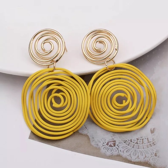 "Kendra" Asymmetrical Retro Hoop Gold Turquoise Abstract Art Geometric Earrings - Picture 7 of 10